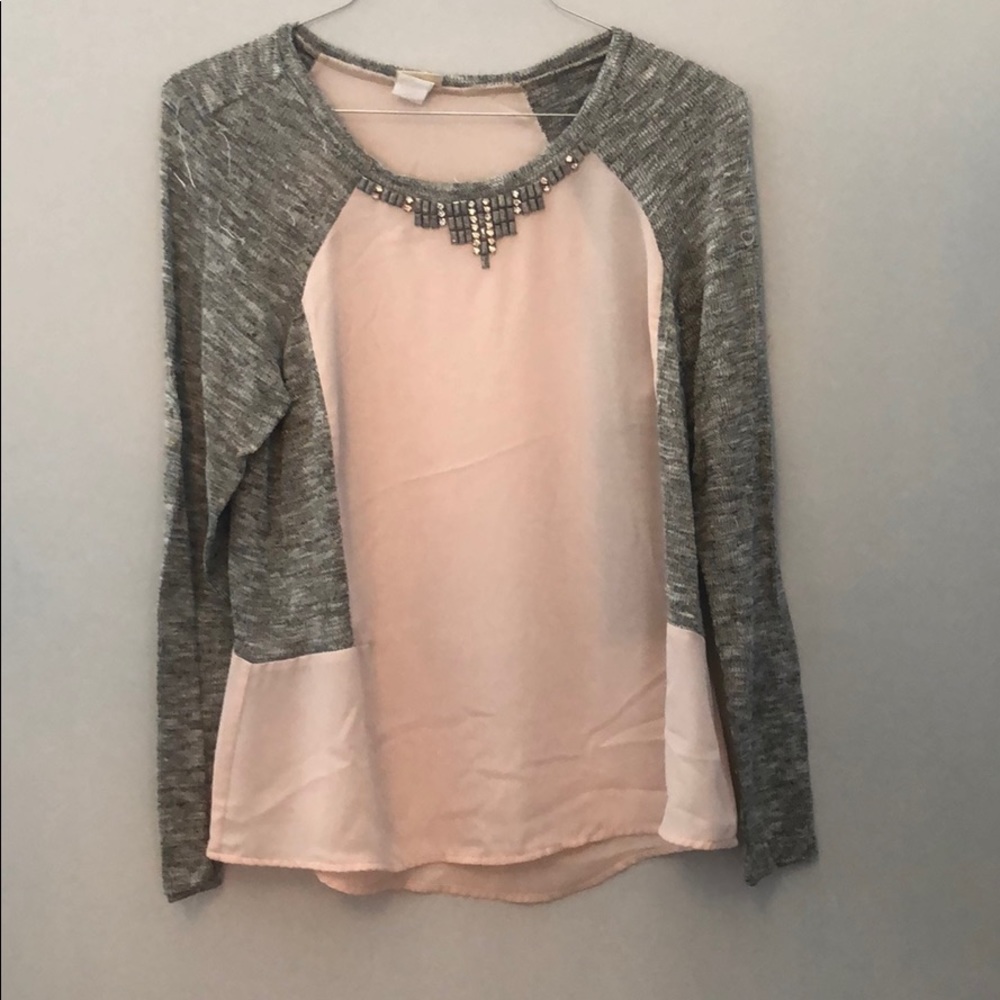 Daytrip pink and gray sheer beaded blouse